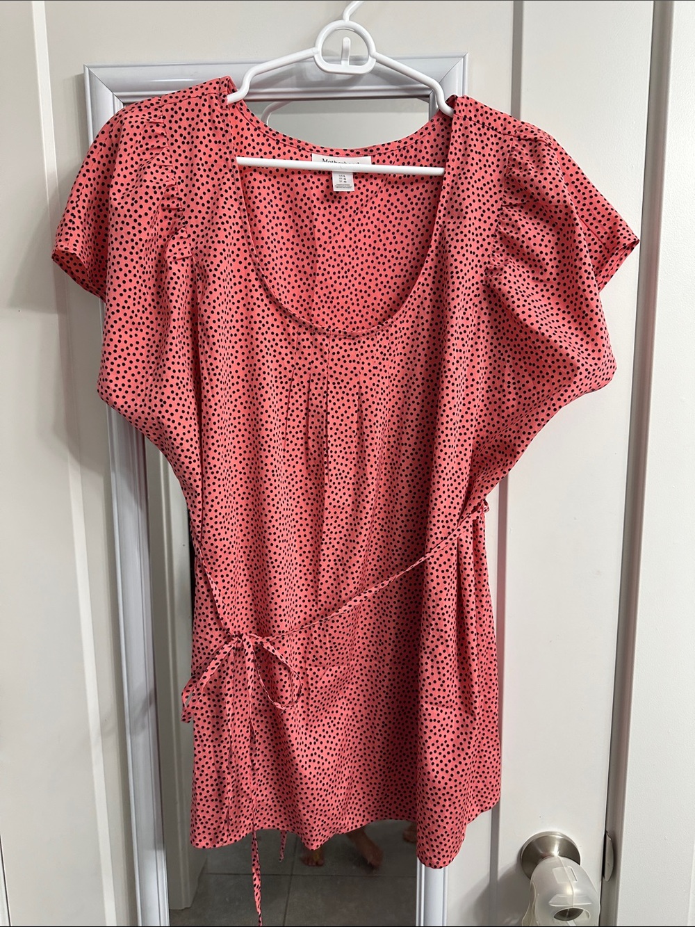Coral Pink Polka Dot Tie-Waist maternity blouse
